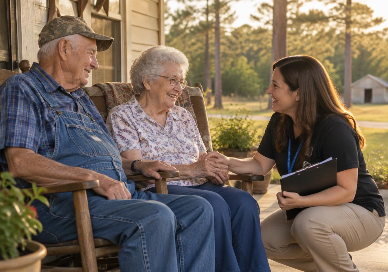 A Care Coordinator sitting with an older couple on their front porch in East Texas
